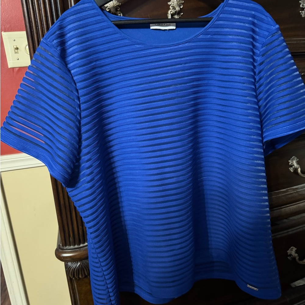Calvin Klein Royal Blue Textured Short Sleeve Top, Business Bold, Casual/Dressy